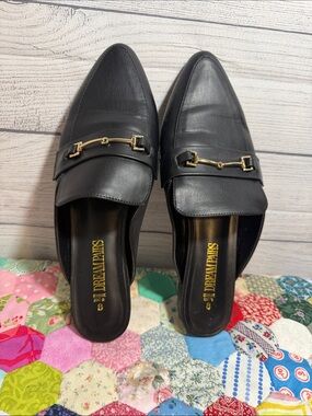 Dream Pairs Black Leather Mule Loafers with Gold Bit